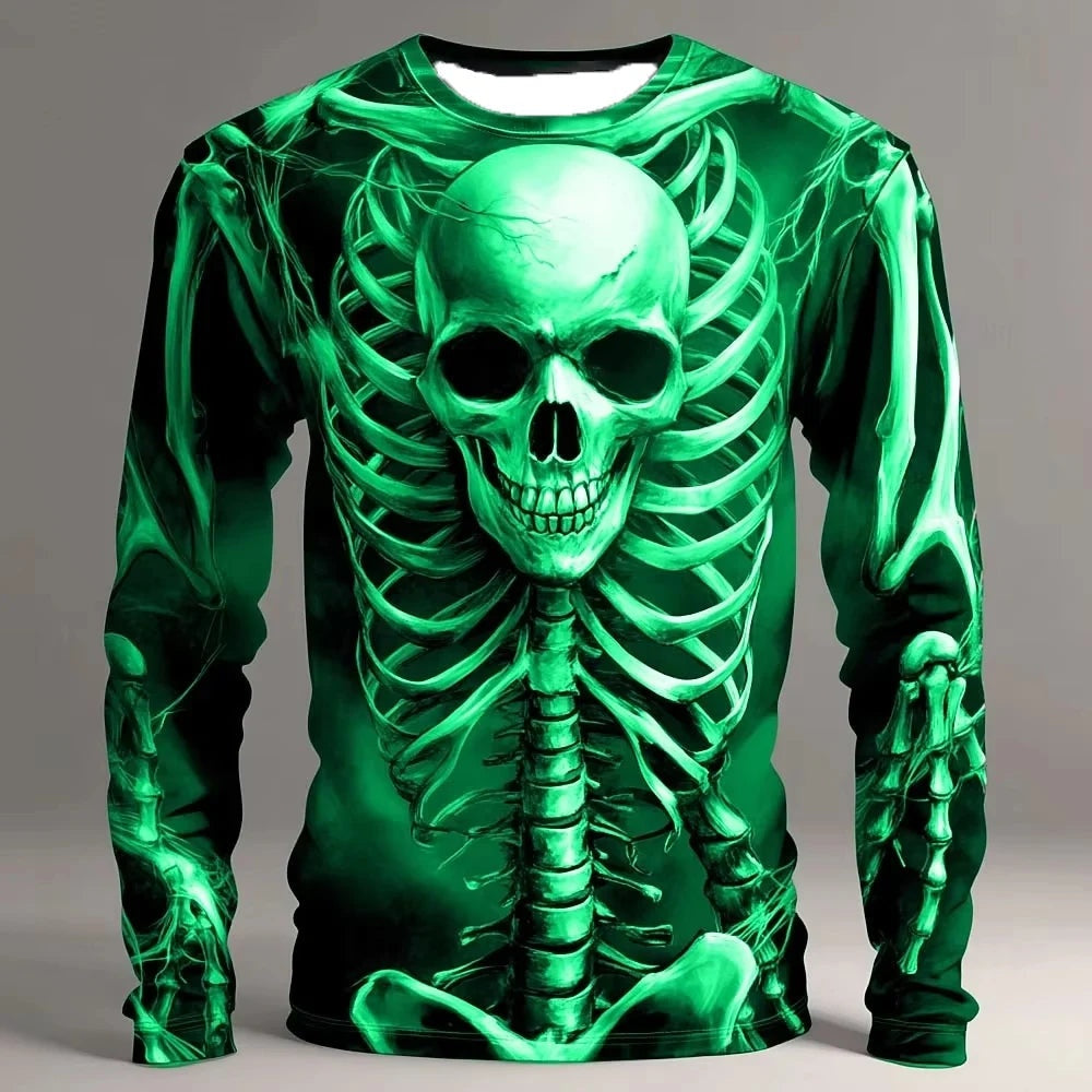 Totenkopf Langarmshirt | Skelett | Allover Print | 4 Farben-Grün-S-Chaps Herrenmode