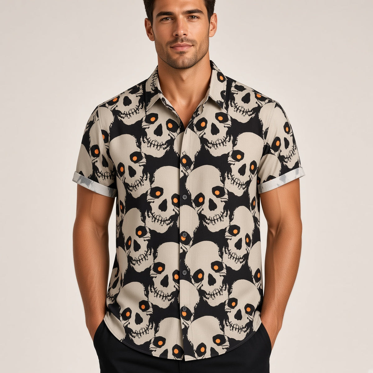 Totenkopf Hemd Herren | Kurzarm | Blumen Print | Reverskragen | 8 Designs