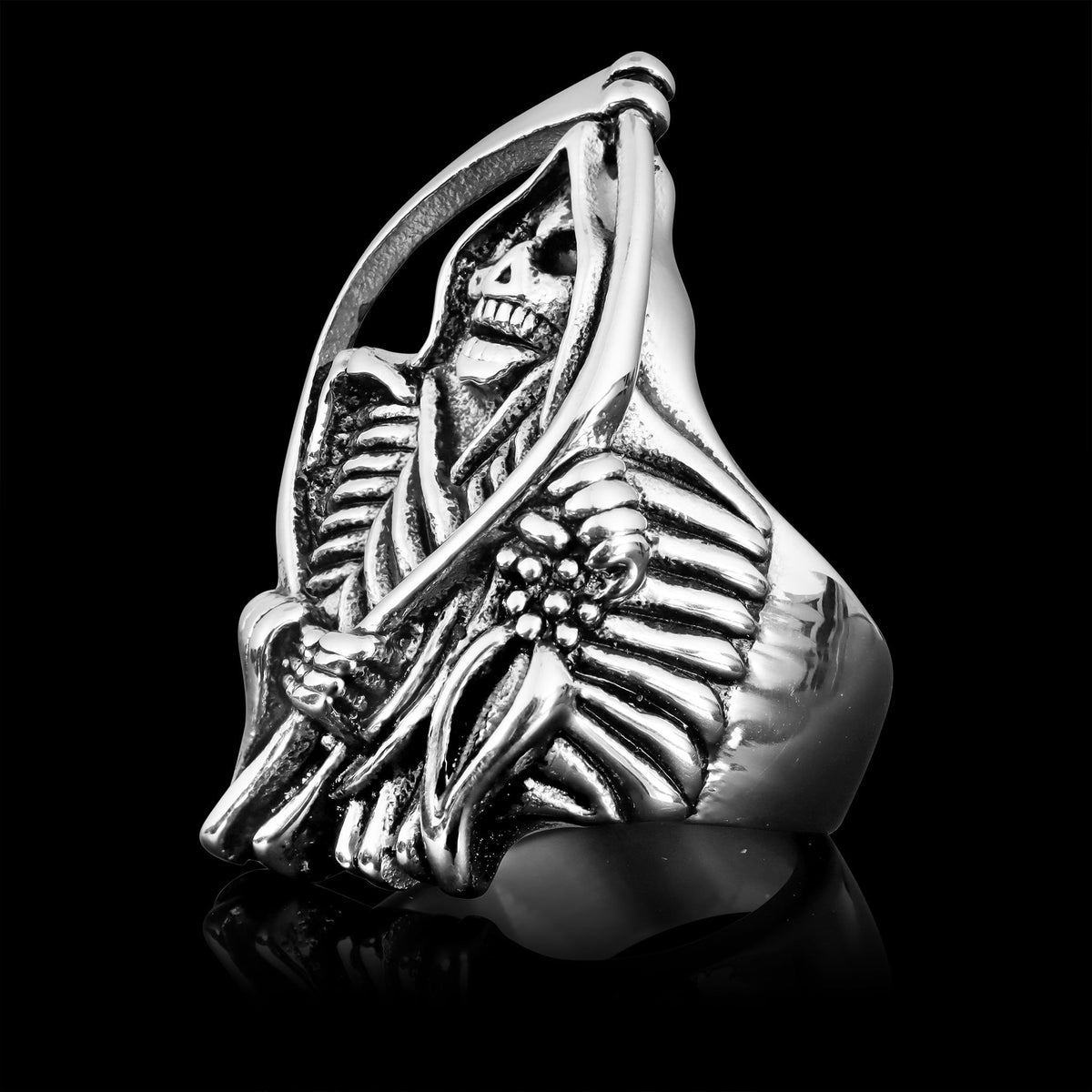 Sensenmann Ring Herren | Edelstahl | Sense | Knochenhände | Silber-Chaps Herrenmode