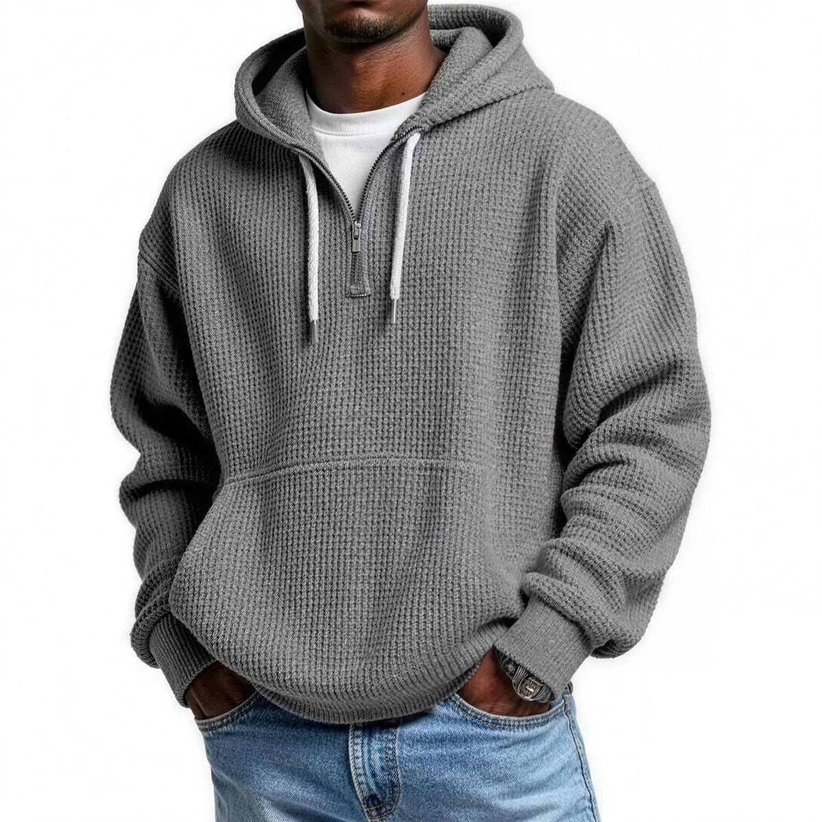 Waffel Hoodie Herren | Viertelreißverschluss | Kängurutasche