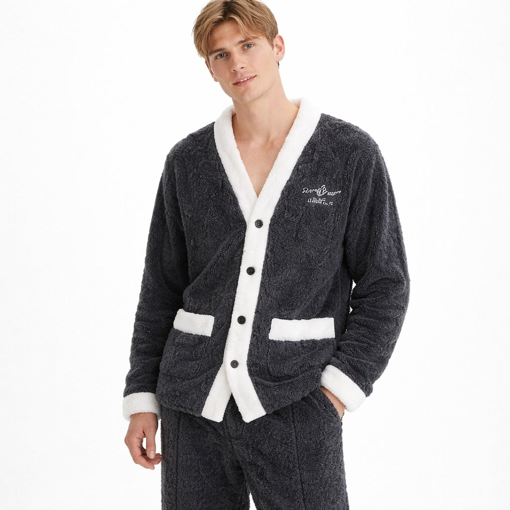 Schlafanzug Herren | Lang | Korallenfleece | Zweiteilig | Knopfjacke