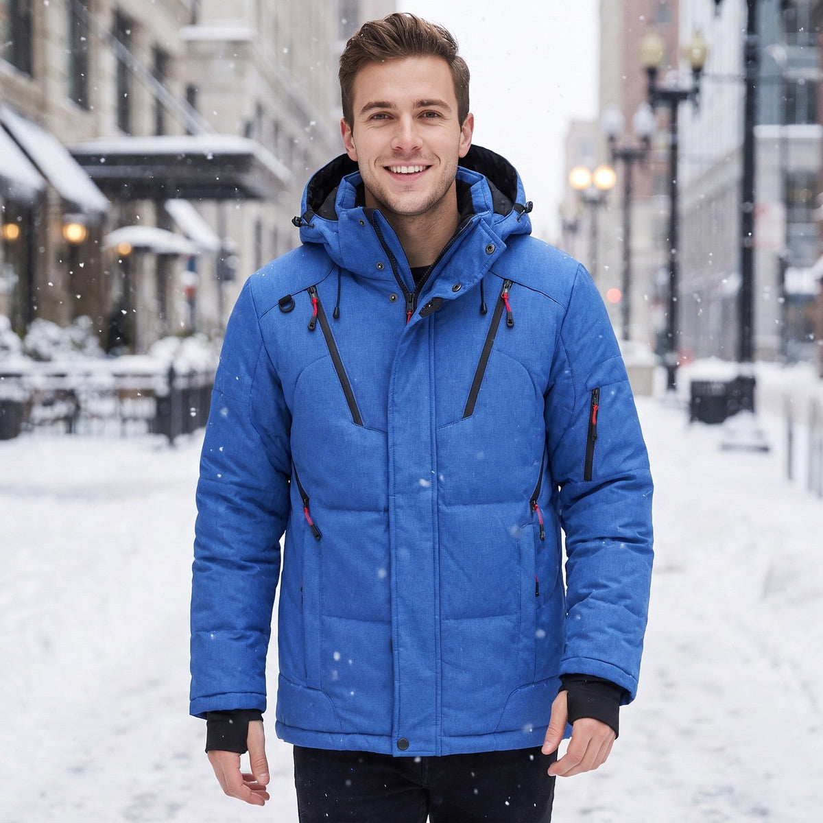 Blaue Steppjacke mit Kapuze, getragen von einem Mann im Schnee | Chaps Herrenmode