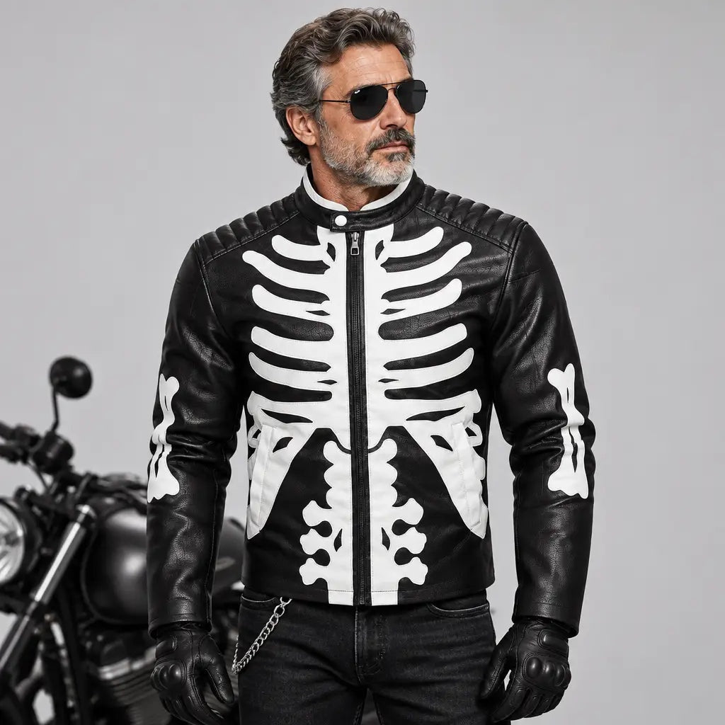 Skelett Bikerjacke Herren | Kunstleder | Knochen Applikationen | Schwarz-Chaps Herrenmode