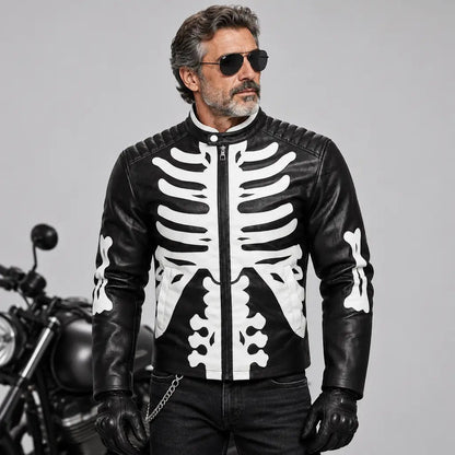 Skelett Bikerjacke Herren | Kunstleder | Knochen Applikationen | Schwarz-Chaps Herrenmode