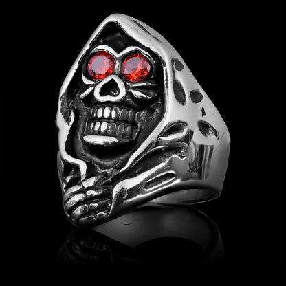 Sensenmann Ring mit roten Augen | Totenkopf | Kapuze | Edelstahl-Chaps Herrenmode
