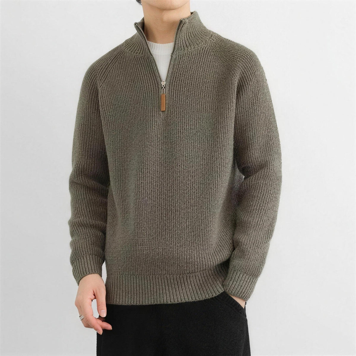 Pullover mit Reißverschluss Herren | Rippstrick | Stehkragen | Raglanärmel