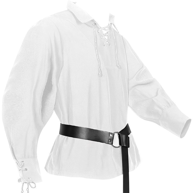 Mittelalter Hemd Herren | Schnürung | V-Ausschnitt | Langarm | 6 Farben-Weiß-S-Chaps Herrenmode