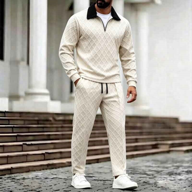 Halfzip Loungewear Set Herren | Rautenstruktur | Creme-Creme-S-Chaps Herrenmode