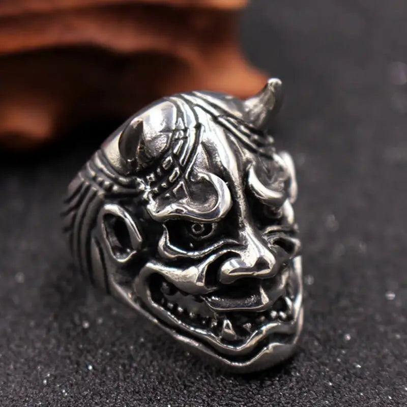 Oni Ring | Japanische Dämonenmaske | Hörner | Edelstahl | Biker Ring-Chaps Herrenmode
