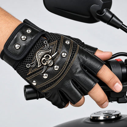 Fingerlose Biker Handschuhe | Totenkopf Emblem | Nieten | Kunstleder-Chaps Herrenmode