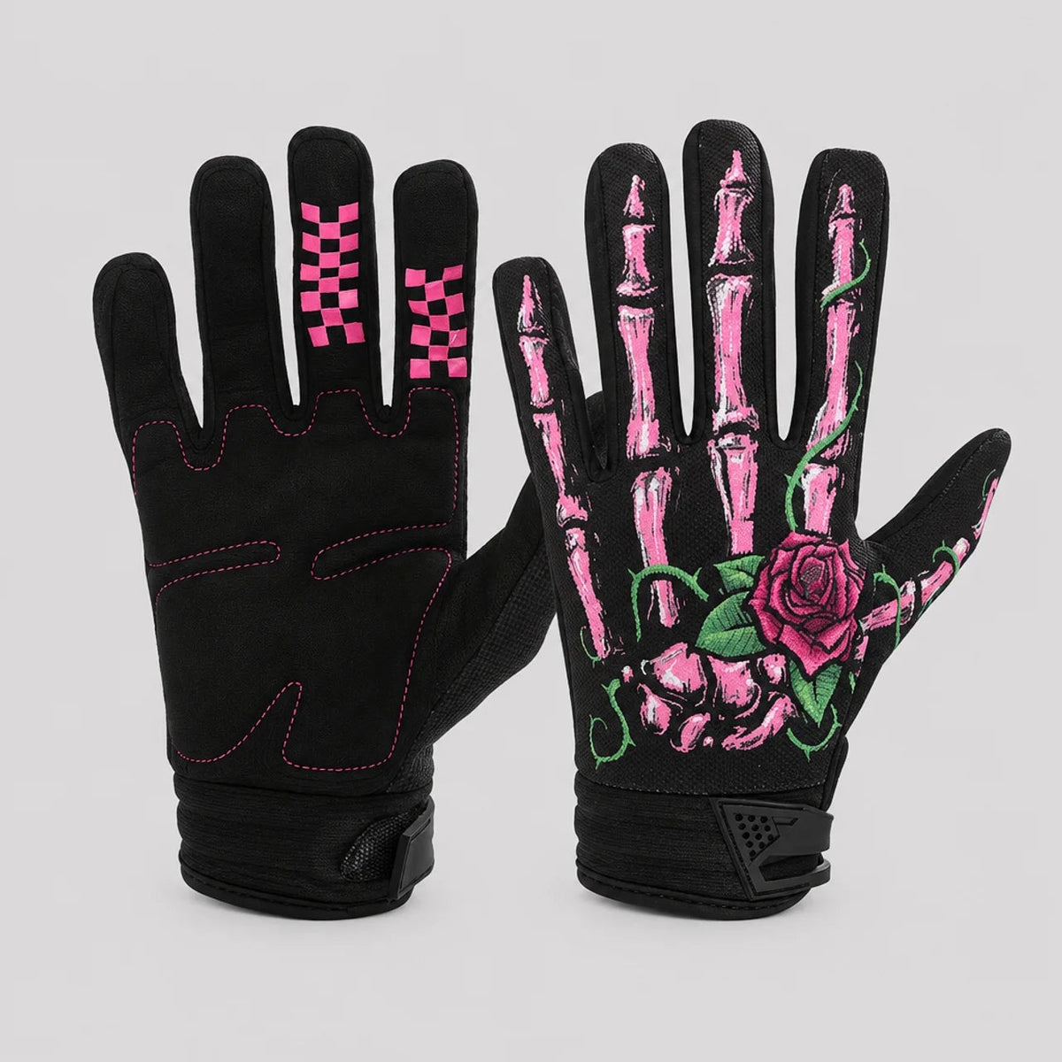 Skelett Handschuhe | Touchscreen | Knochenmuster | Weiß oder Rosa mit Rose-Rosa Skelett mit Rose-S-Chaps Herrenmode