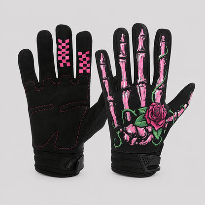 Skelett Handschuhe | Touchscreen | Knochenmuster | Weiß oder Rosa mit Rose-Rosa Skelett mit Rose-S-Chaps Herrenmode