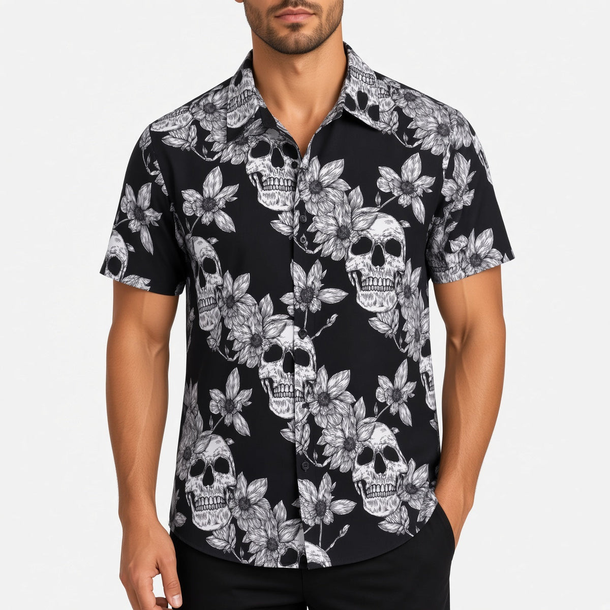 Totenkopf Hemd Herren | Kurzarm | Blumen Print | Reverskragen | 8 Designs