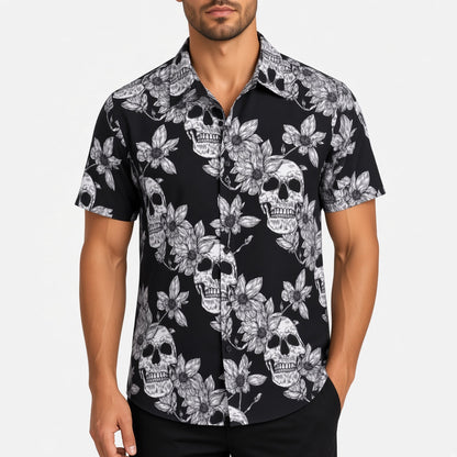 Totenkopf Hemd Herren | Kurzarm | Blumen Print | Reverskragen | 8 Designs