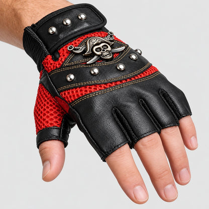 Fingerlose Biker Handschuhe | Totenkopf Emblem | Nieten | Kunstleder-Rot-Chaps Herrenmode