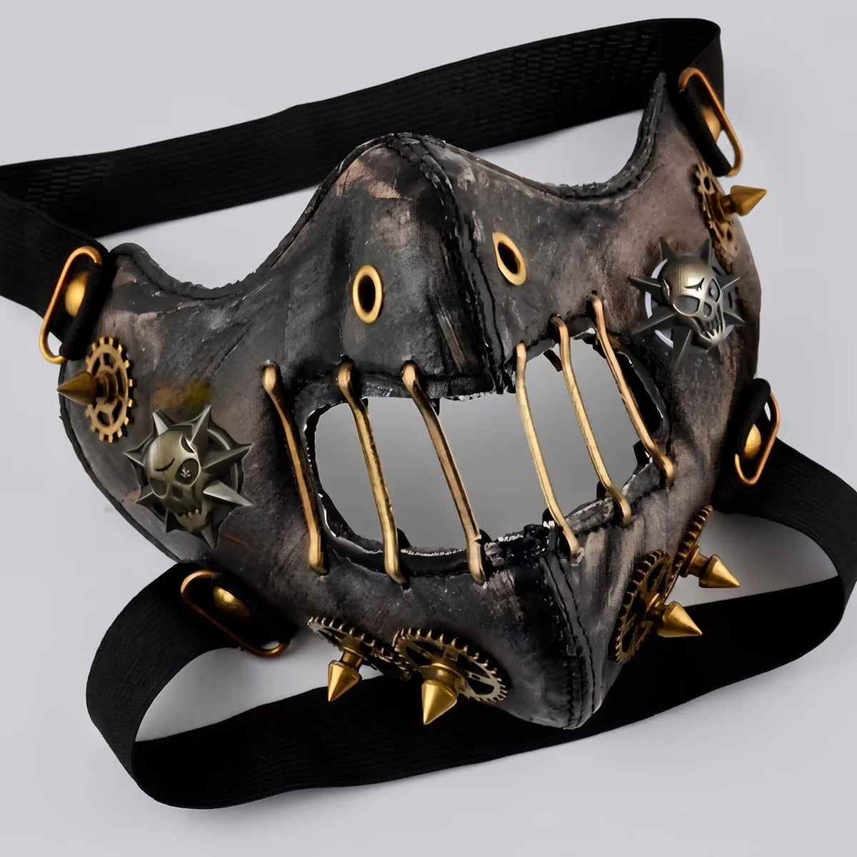 Steampunk Halbmaske | Zahnräder | Spikes | Nieten | Schwarz Gold