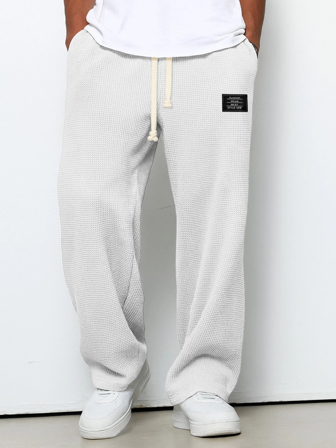 Jogginghose Herren | Waffelstruktur | Weites Bein | Kordelzug-Weiß-S-Chaps Herrenmode