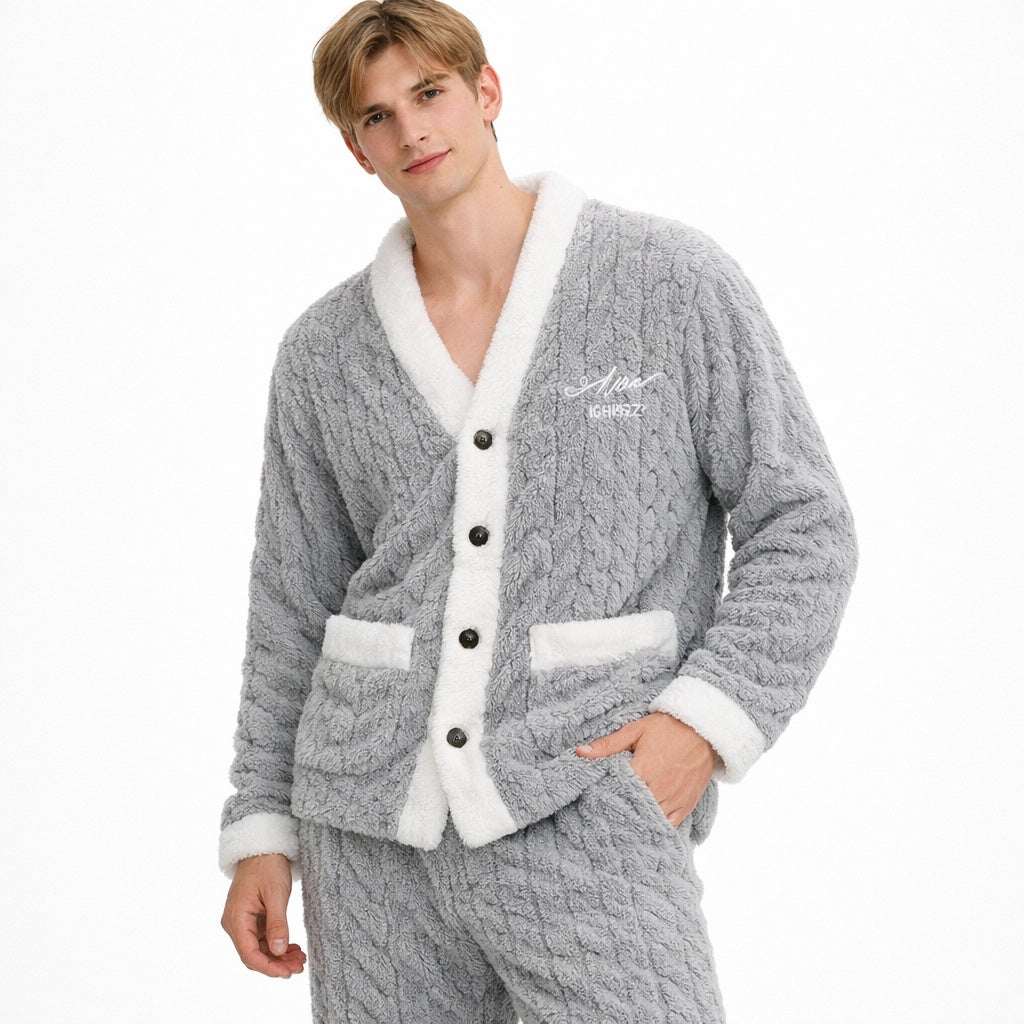 Schlafanzug Herren | Lang | Korallenfleece | Zweiteilig | Knopfjacke