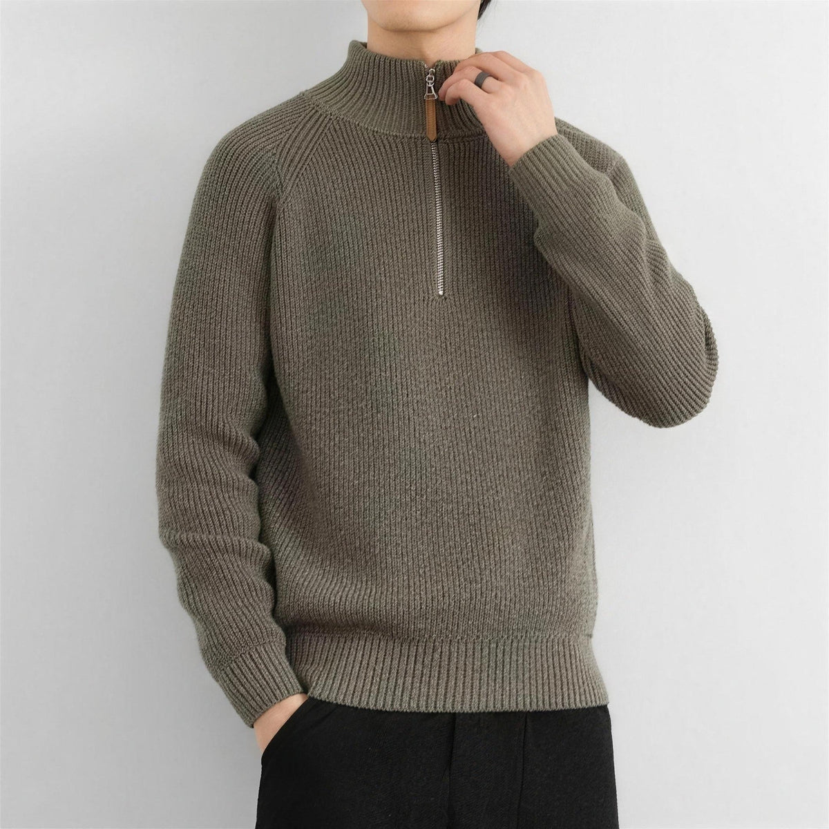 Pullover mit Reißverschluss Herren | Rippstrick | Stehkragen | Raglanärmel