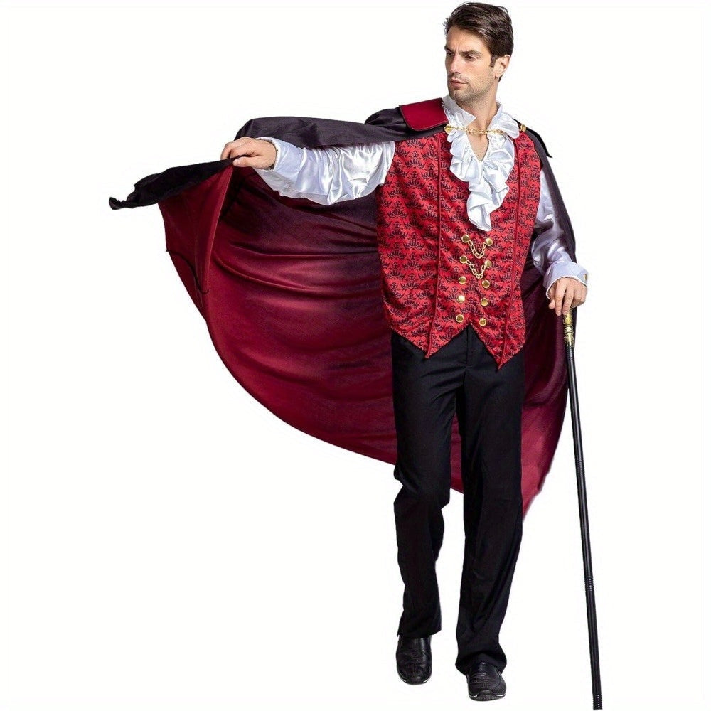 Vampir Kostüm Erwachsene | Langer Umhang | Rüschenhemd | Weste-Chaps Herrenmode