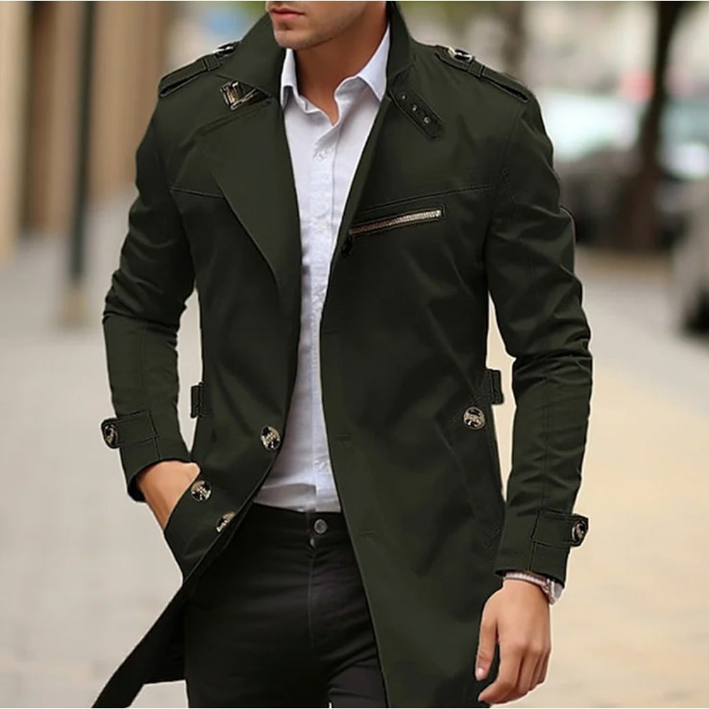 Trenchcoat Herren | Slim Fit | Wasserabweisend | Schulterklappen-Dunkelgrün-M-Chaps Herrenmode