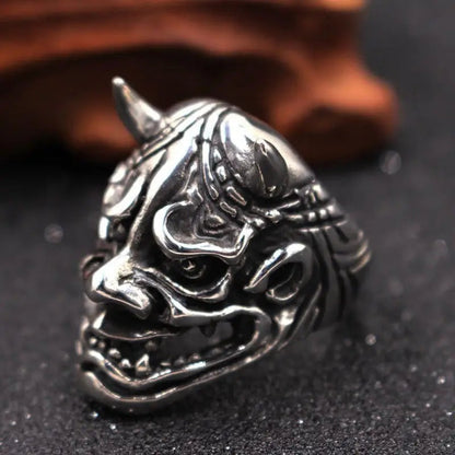Oni Ring | Japanische Dämonenmaske | Hörner | Edelstahl | Biker Ring-Chaps Herrenmode