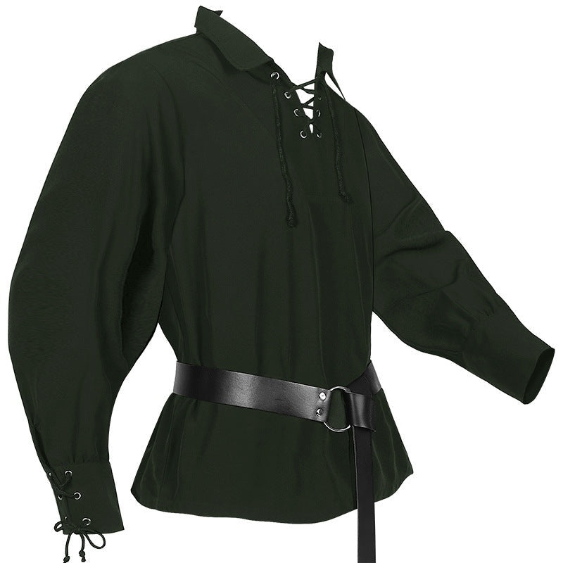 Mittelalter Hemd Herren | Schnürung | V-Ausschnitt | Langarm | 6 Farben-Dunkelgrün-S-Chaps Herrenmode