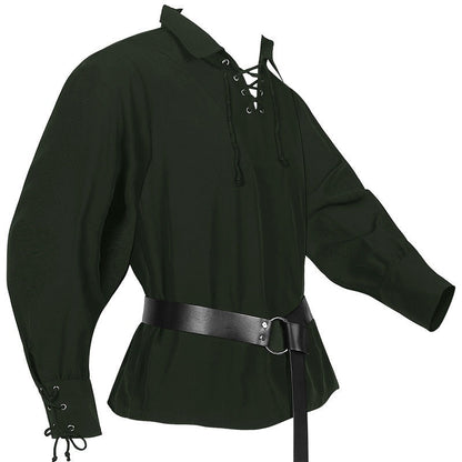Mittelalter Hemd Herren | Schnürung | V-Ausschnitt | Langarm | 6 Farben-Dunkelgrün-S-Chaps Herrenmode