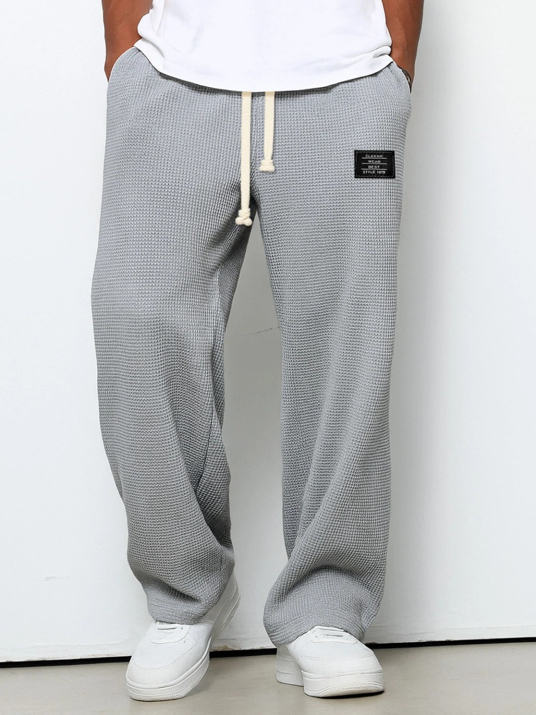 Jogginghose Herren | Waffelstruktur | Weites Bein | Kordelzug-Grau-S-Chaps Herrenmode