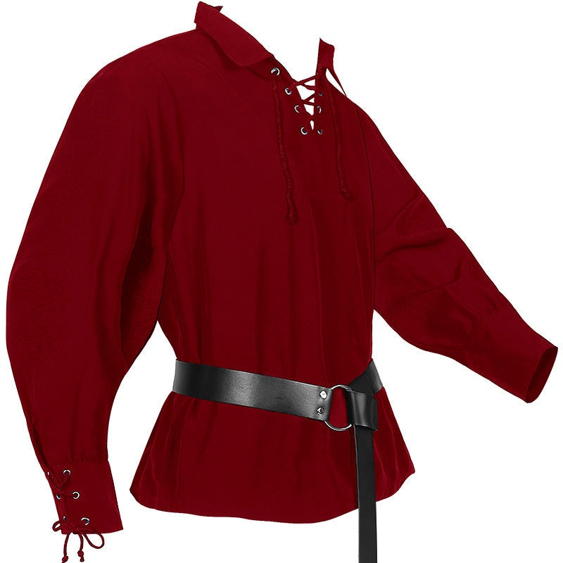 Mittelalter Hemd Herren | Schnürung | V-Ausschnitt | Langarm | 6 Farben-Rot-S-Chaps Herrenmode