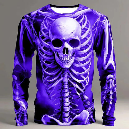 Totenkopf Langarmshirt | Skelett | Allover Print | 4 Farben-Lila-S-Chaps Herrenmode