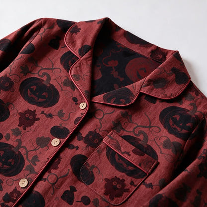 Kürbis Monster Pyjama Set Herren | Knopfleiste | Rot mit Schwarz
