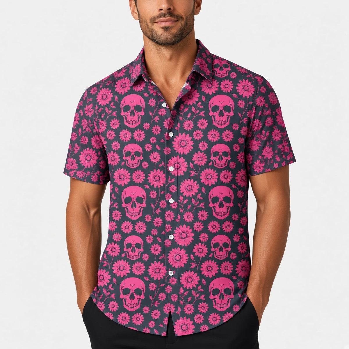 Totenkopf Hemd Herren | Kurzarm | Blumen Print | Reverskragen | 8 Designs