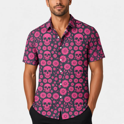 Totenkopf Hemd Herren | Kurzarm | Blumen Print | Reverskragen | 8 Designs