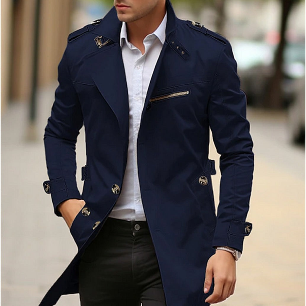 Trenchcoat Herren | Slim Fit | Wasserabweisend | Schulterklappen-Dunkelblau-M-Chaps Herrenmode