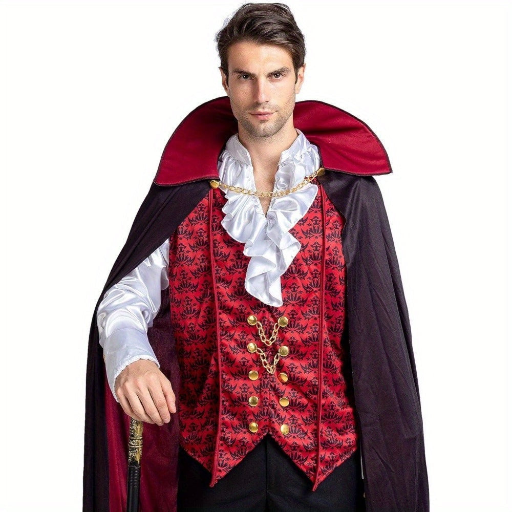 Vampir Kostüm Erwachsene | Langer Umhang | Rüschenhemd | Weste-Chaps Herrenmode