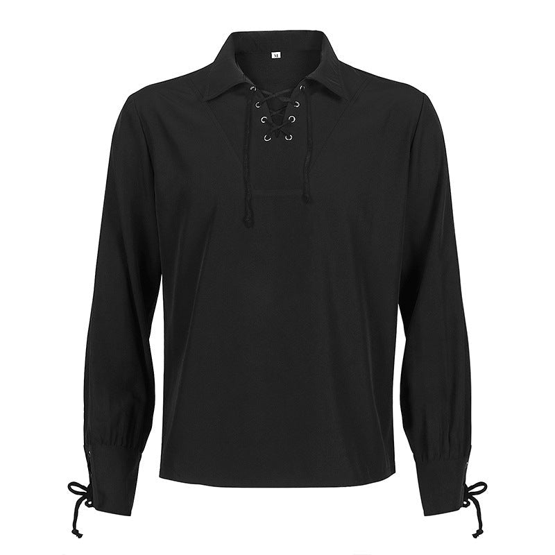 Mittelalter Hemd Herren | Schnürung | V-Ausschnitt | Langarm | 6 Farben-Schwarz-S-Chaps Herrenmode