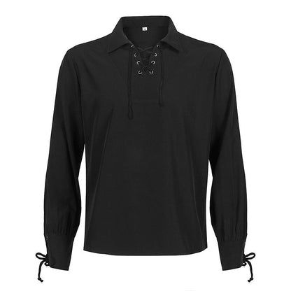 Mittelalter Hemd Herren | Schnürung | V-Ausschnitt | Langarm | 6 Farben-Schwarz-S-Chaps Herrenmode