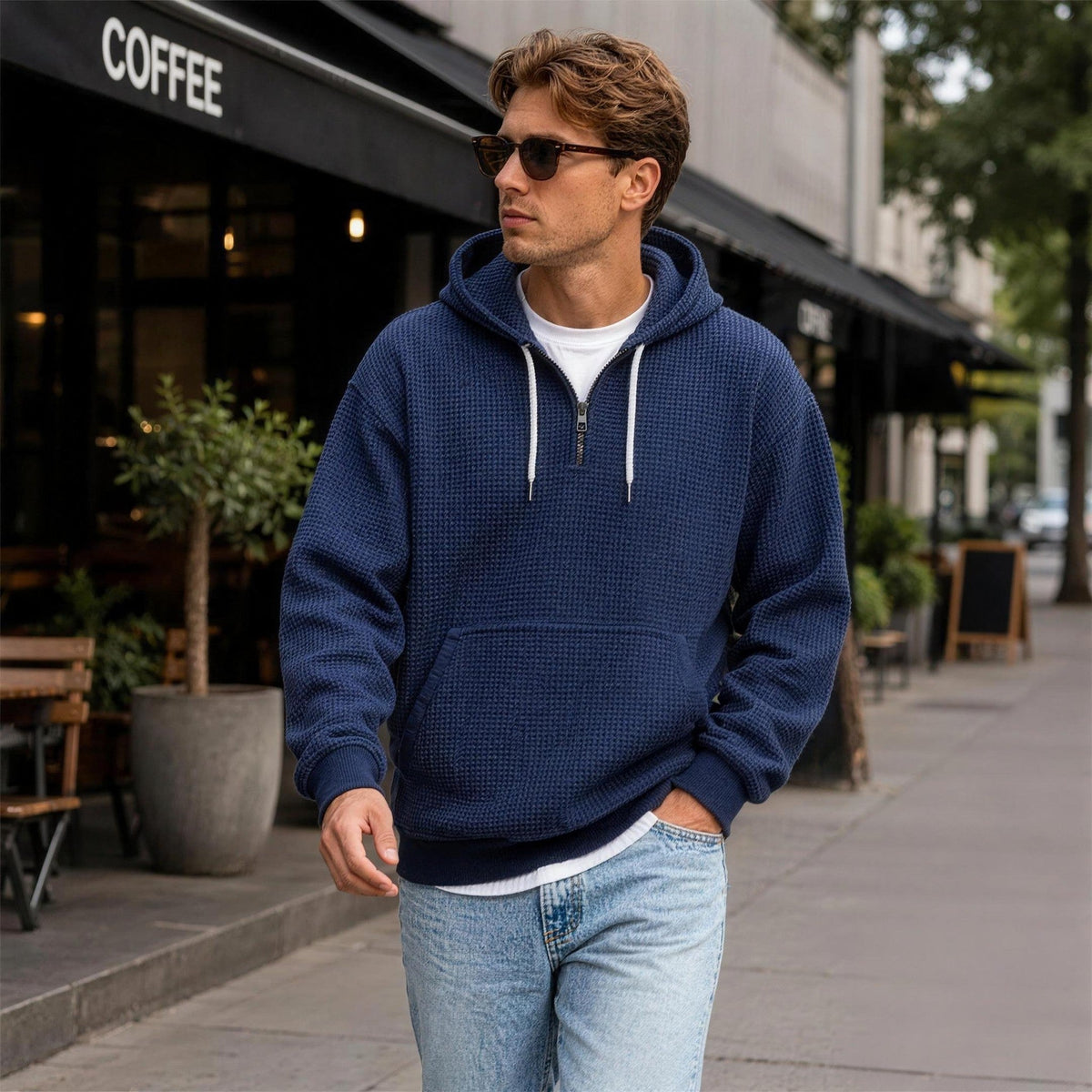 Waffel Hoodie Herren | Viertelreißverschluss | Kängurutasche