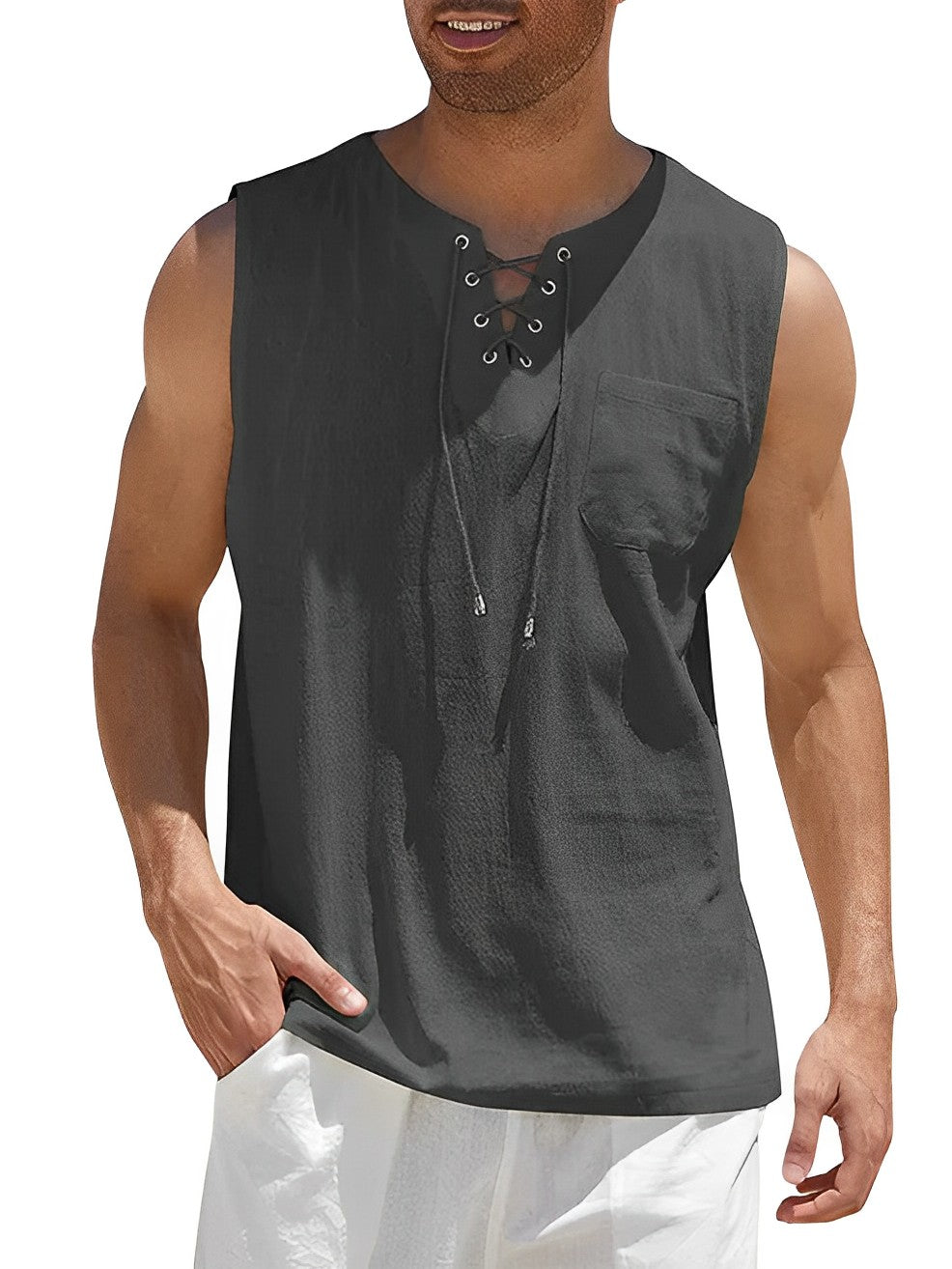 Tank Shirts Herren | Ärmellos | Schnürung | Locker-Dunkelgrau-S-Chaps Herrenmode