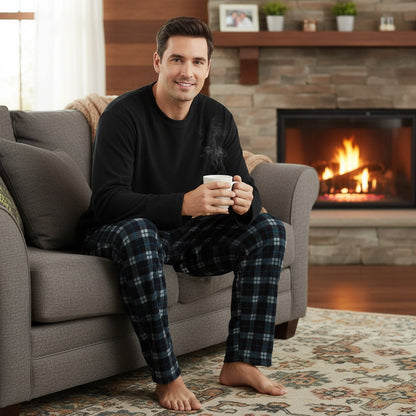 Fleece Schlafanzug Herren | Karierte Hose | Schwarz