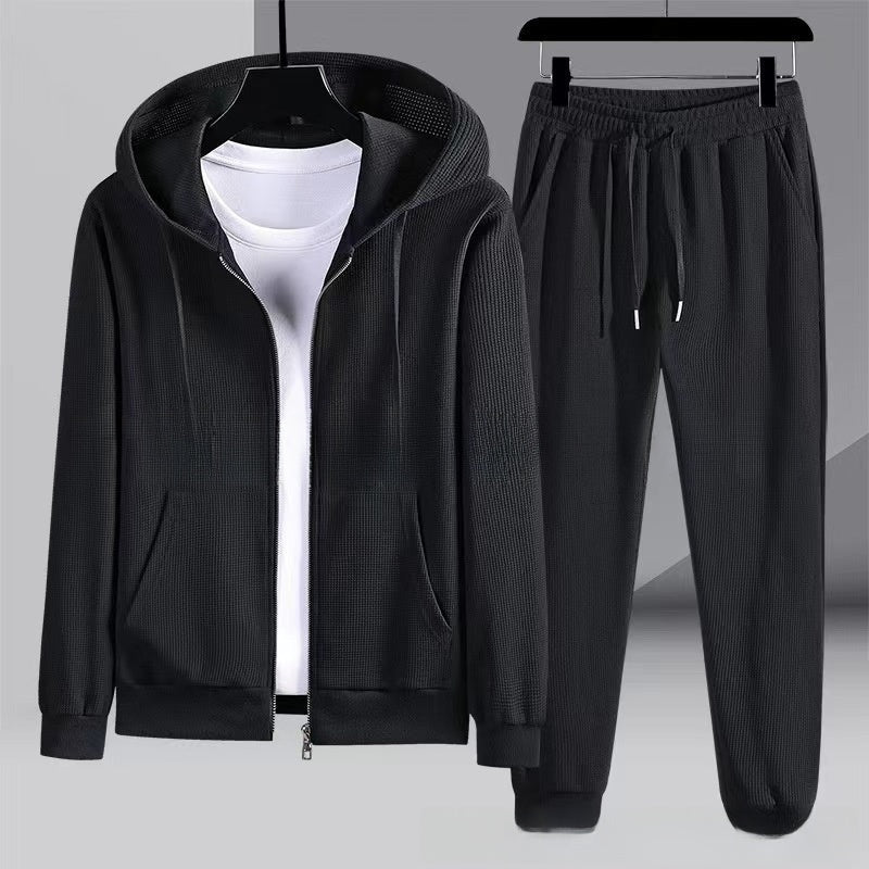 Waffel Jogginganzug Herren | Kapuzenjacke mit Reißverschluss | bis 6XL