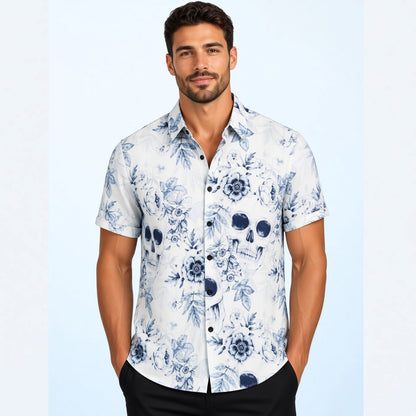 Totenkopf Hemd Herren | Kurzarm | Blumen Print | Reverskragen | 8 Designs