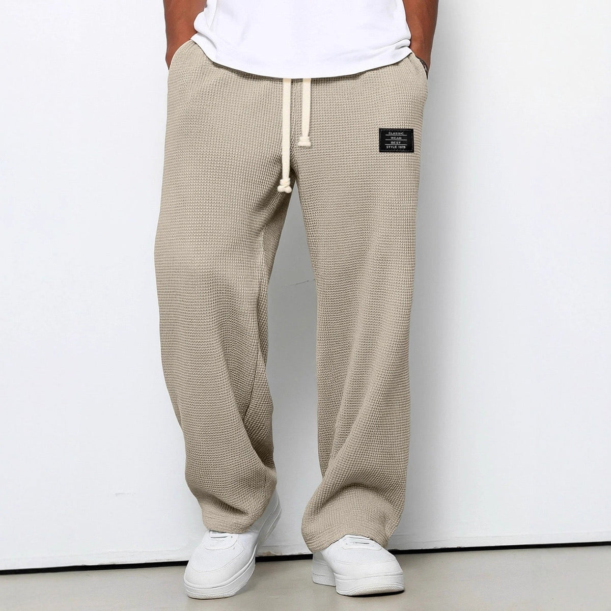 Jogginghose Herren | Waffelstruktur | Weites Bein | Kordelzug-Beige-S-Chaps Herrenmode