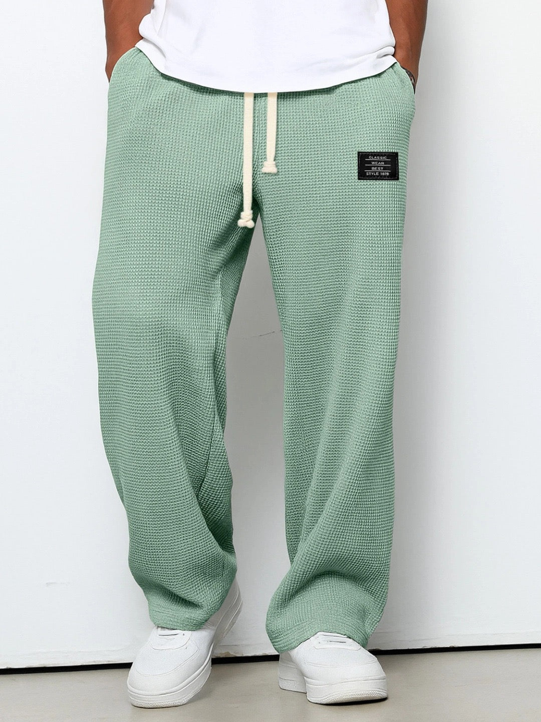 Jogginghose Herren | Waffelstruktur | Weites Bein | Kordelzug-Grün-S-Chaps Herrenmode