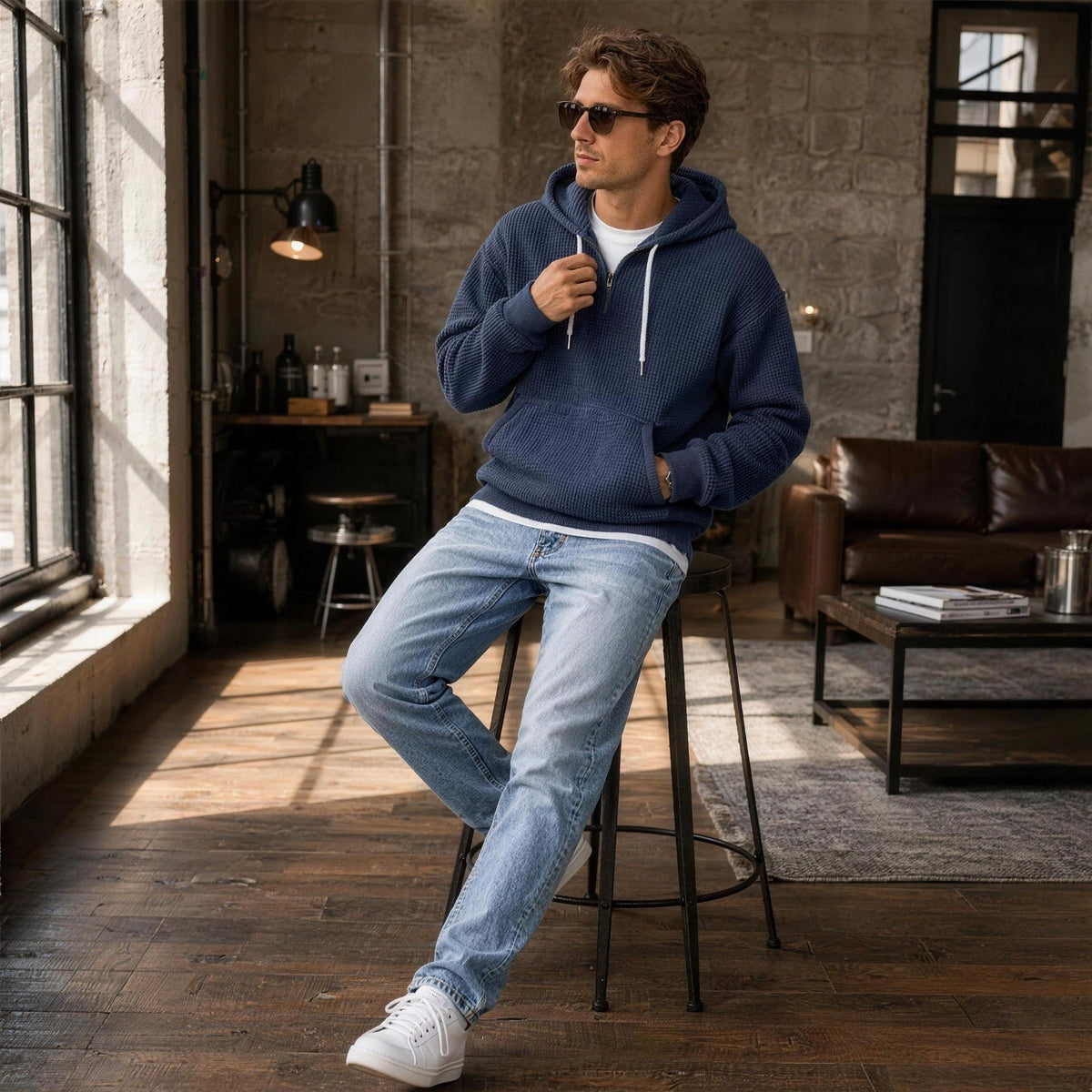 Waffel Hoodie Herren | Viertelreißverschluss | Kängurutasche