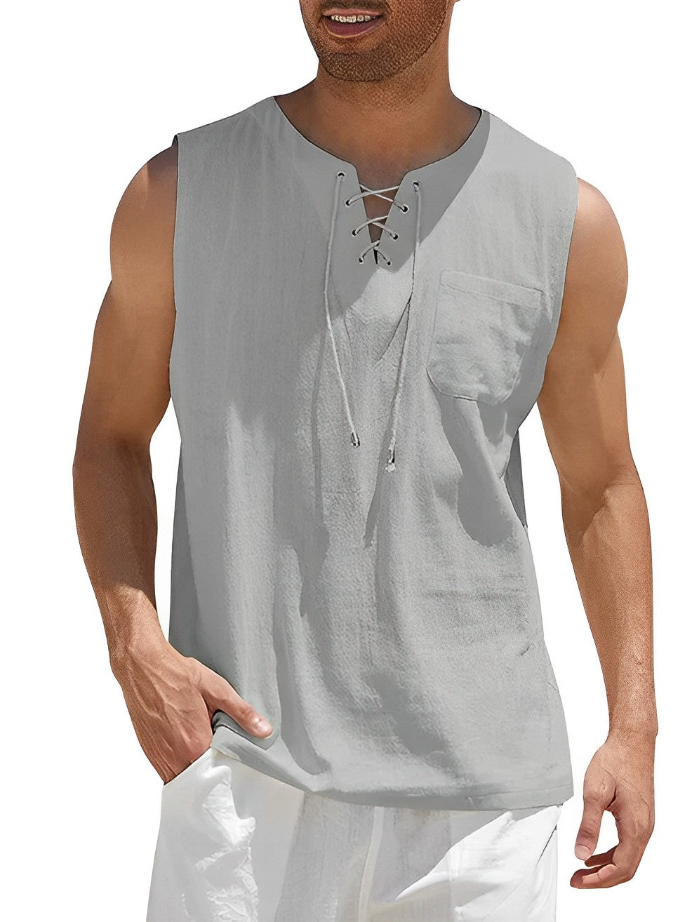 Tank Shirts Herren | Ärmellos | Schnürung | Locker-Grau-S-Chaps Herrenmode