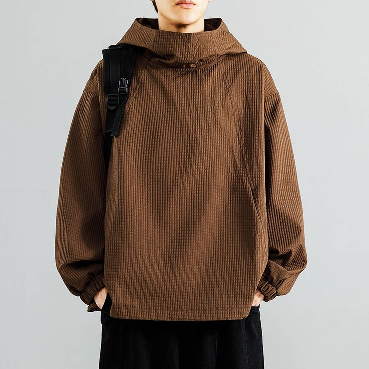 Oversized Hoodie Herren | Waffelstruktur | Stehkragen | Kordelzug am Saum