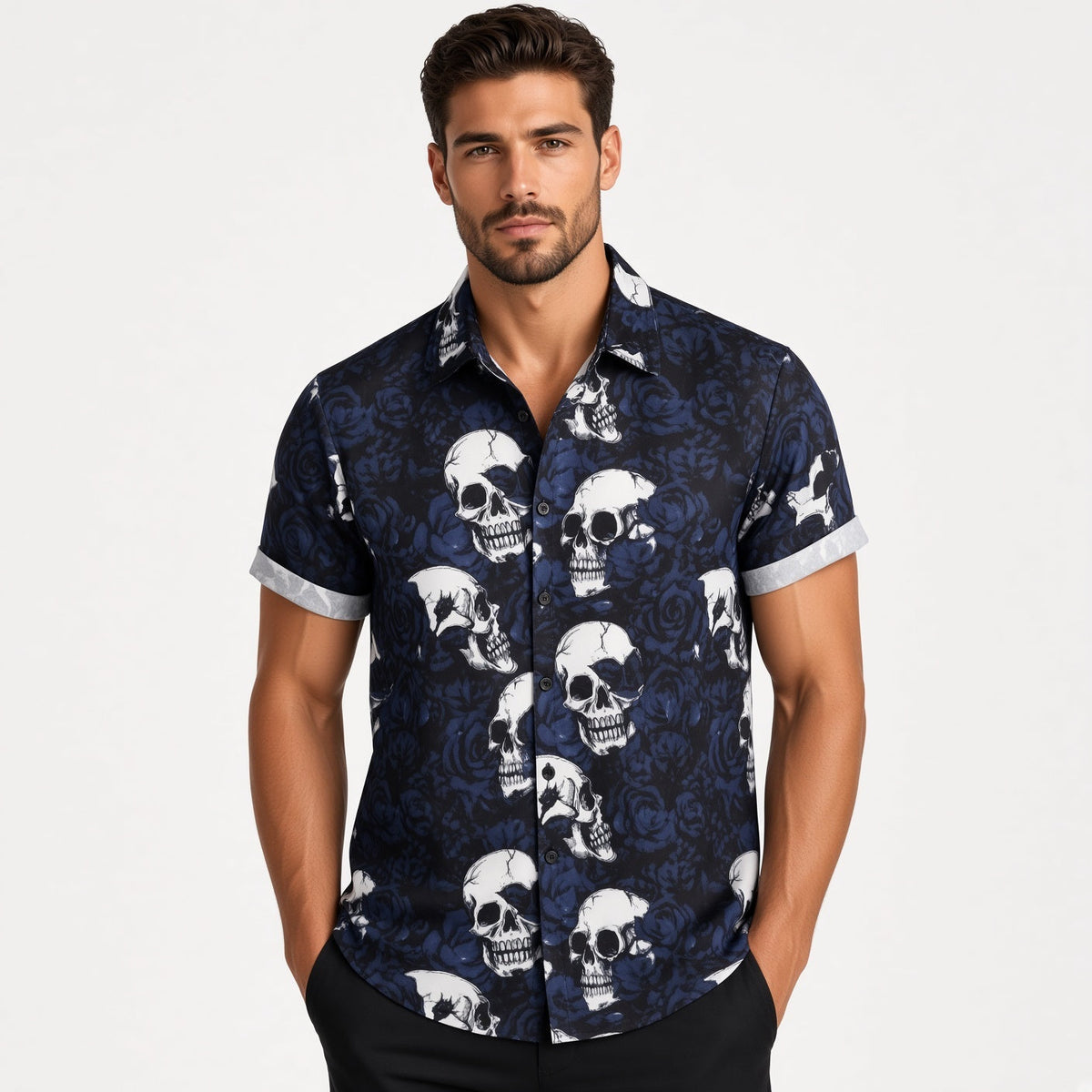 Totenkopf Hemd Herren | Kurzarm | Blumen Print | Reverskragen | 8 Designs