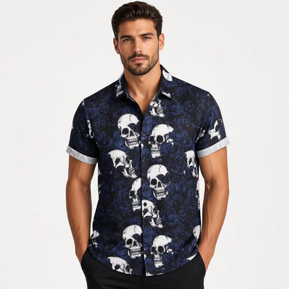 Totenkopf Hemd Herren | Kurzarm | Blumen Print | Reverskragen | 8 Designs